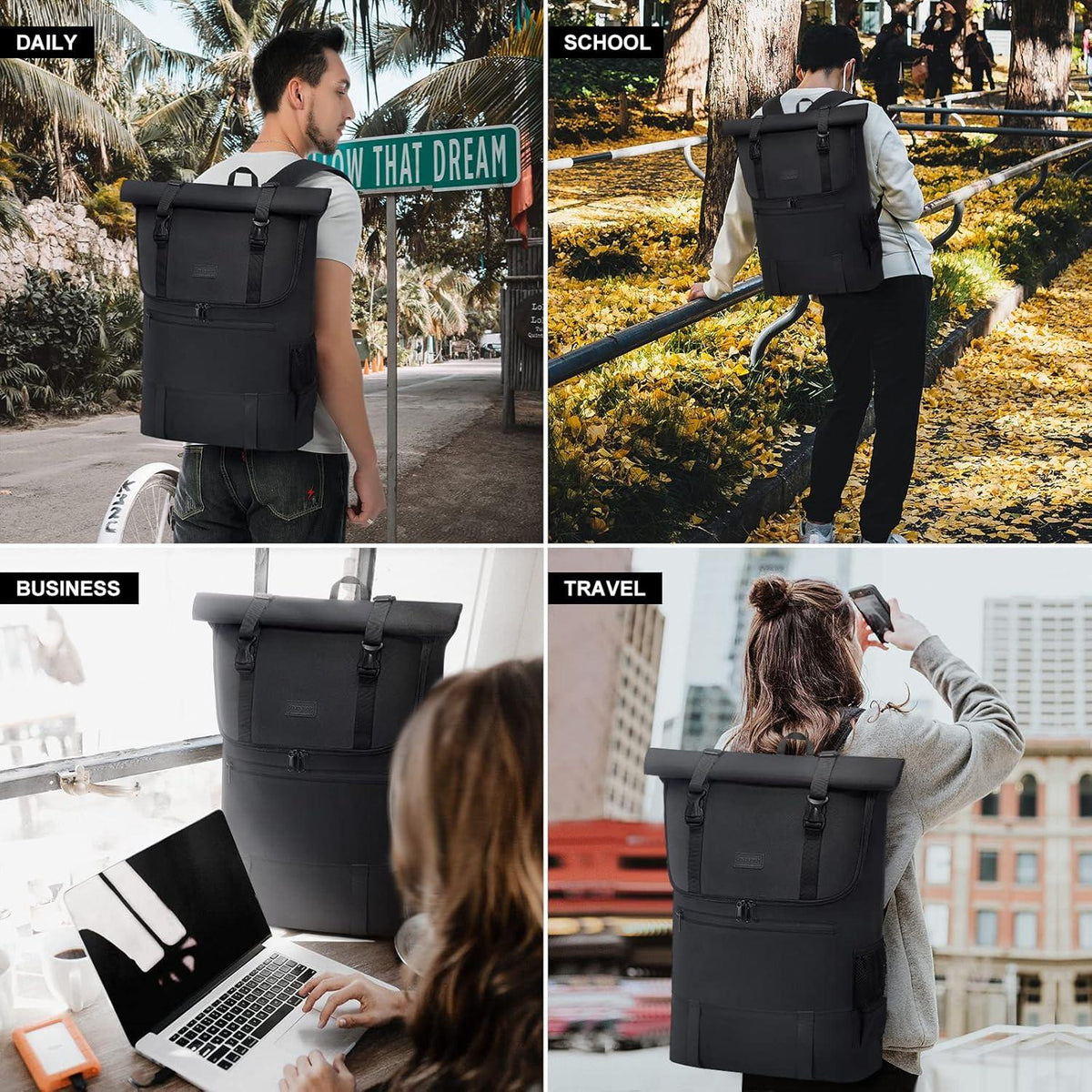 Rucksack Damen Herren groß Wasserdicht 17,3 Zoll Uni Arbeit Rolltop