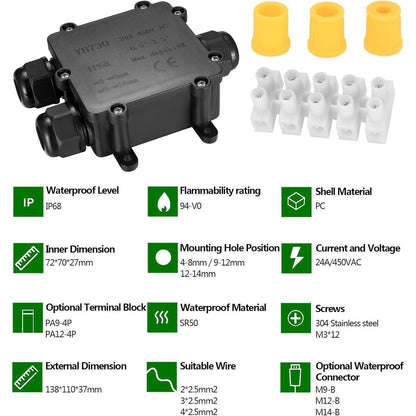 2x IP68 Wasserdichte Abzweigdose 3 Wege Kabelverbinder