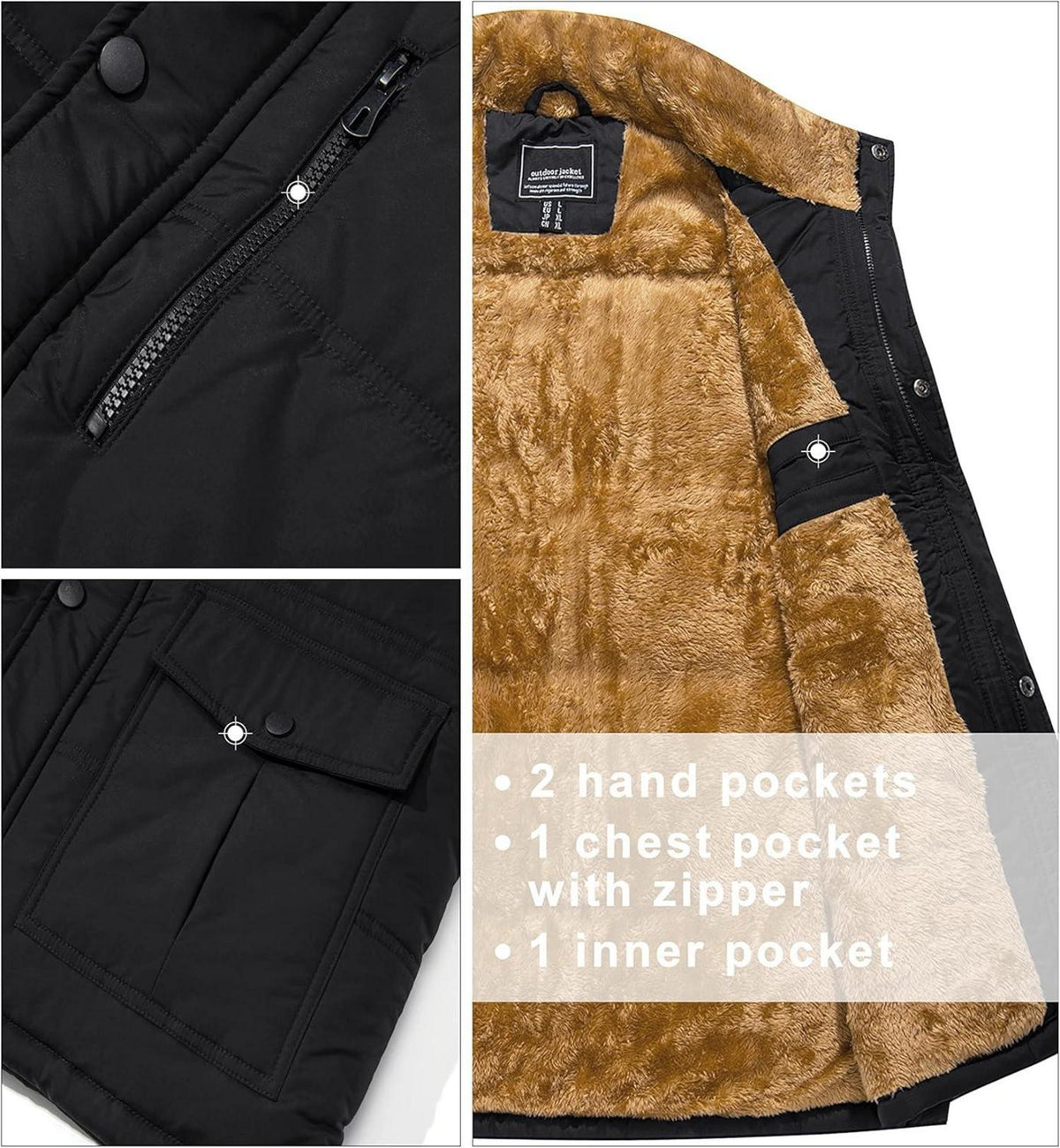 Herren Winter Fleeceweste Ärmellos Schwarz Outdoorweste Stehkragen wärmend