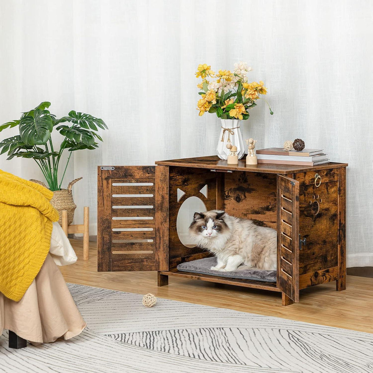 Katzenklo Schrank aus Holz Jalousien-Stil 60x45x50 Vintagebraun