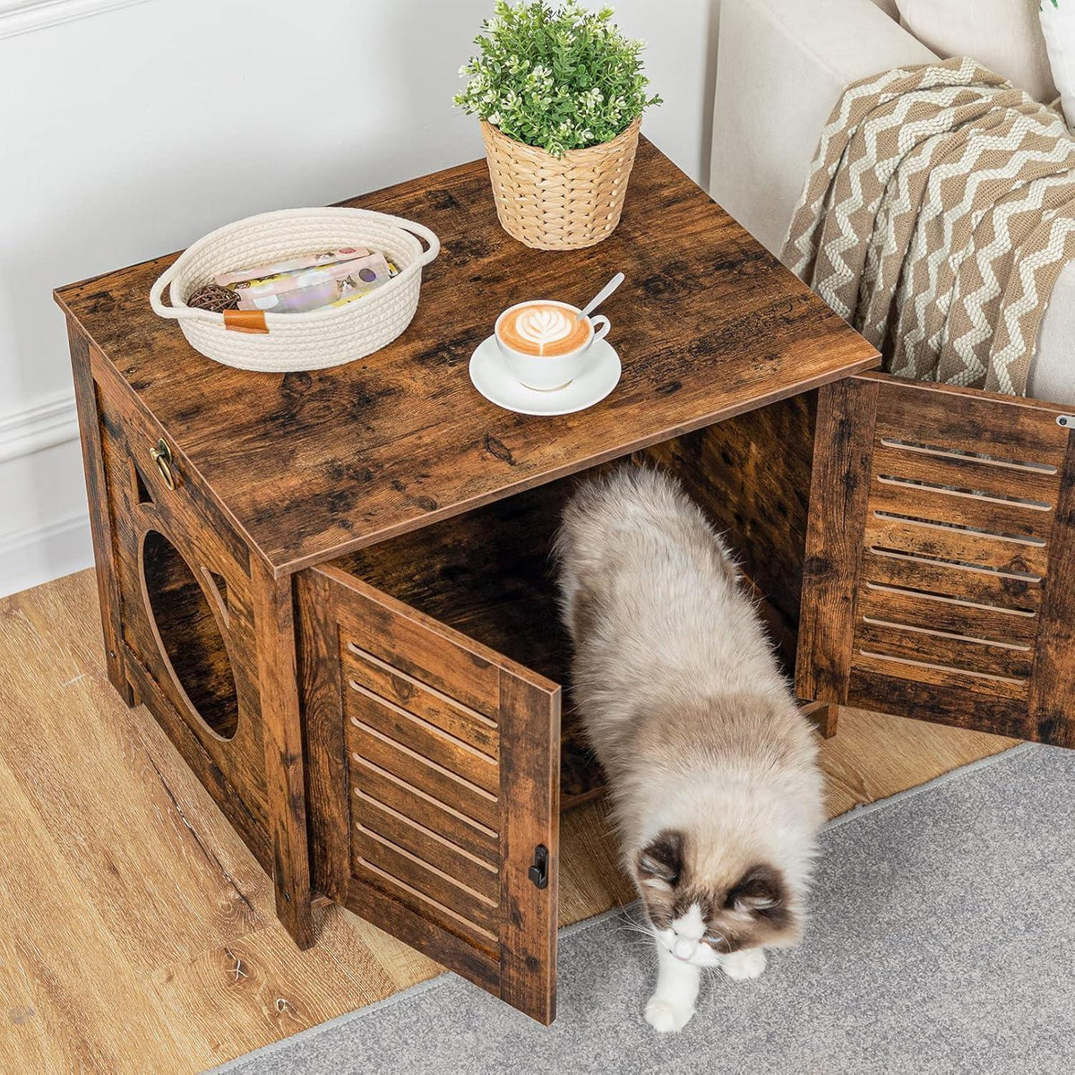 HOOBRO Katzenklo Schrank Holz Jalousien-Stil 60x45x50 cm Vintagebraun