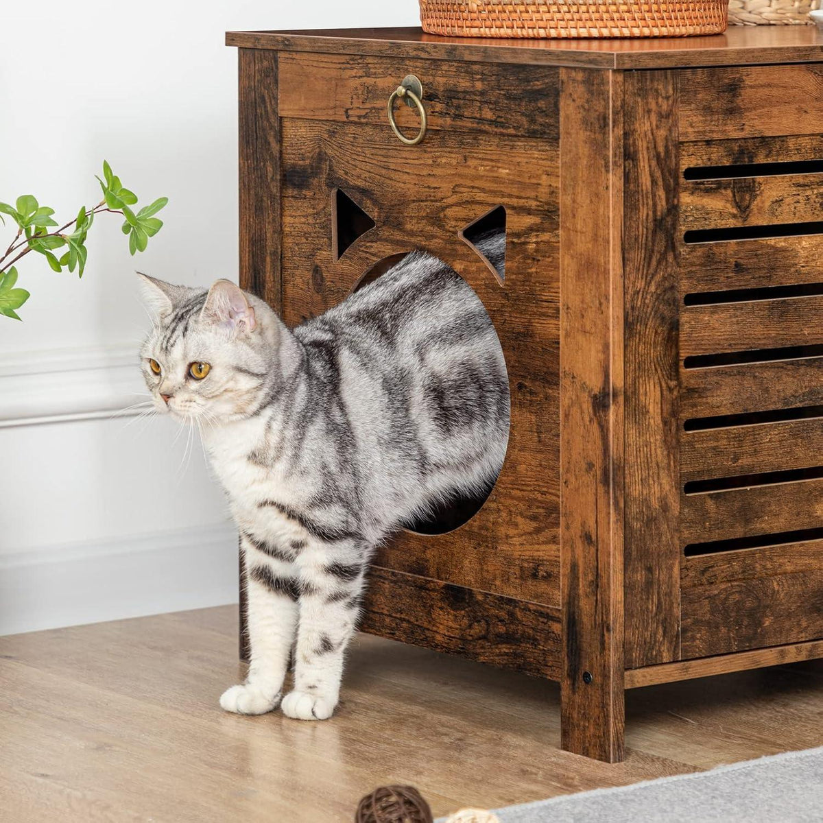Katzenklo Schrank Holz Jalousien-Stil Eisenfüßen Vintage 60x45x50cm
