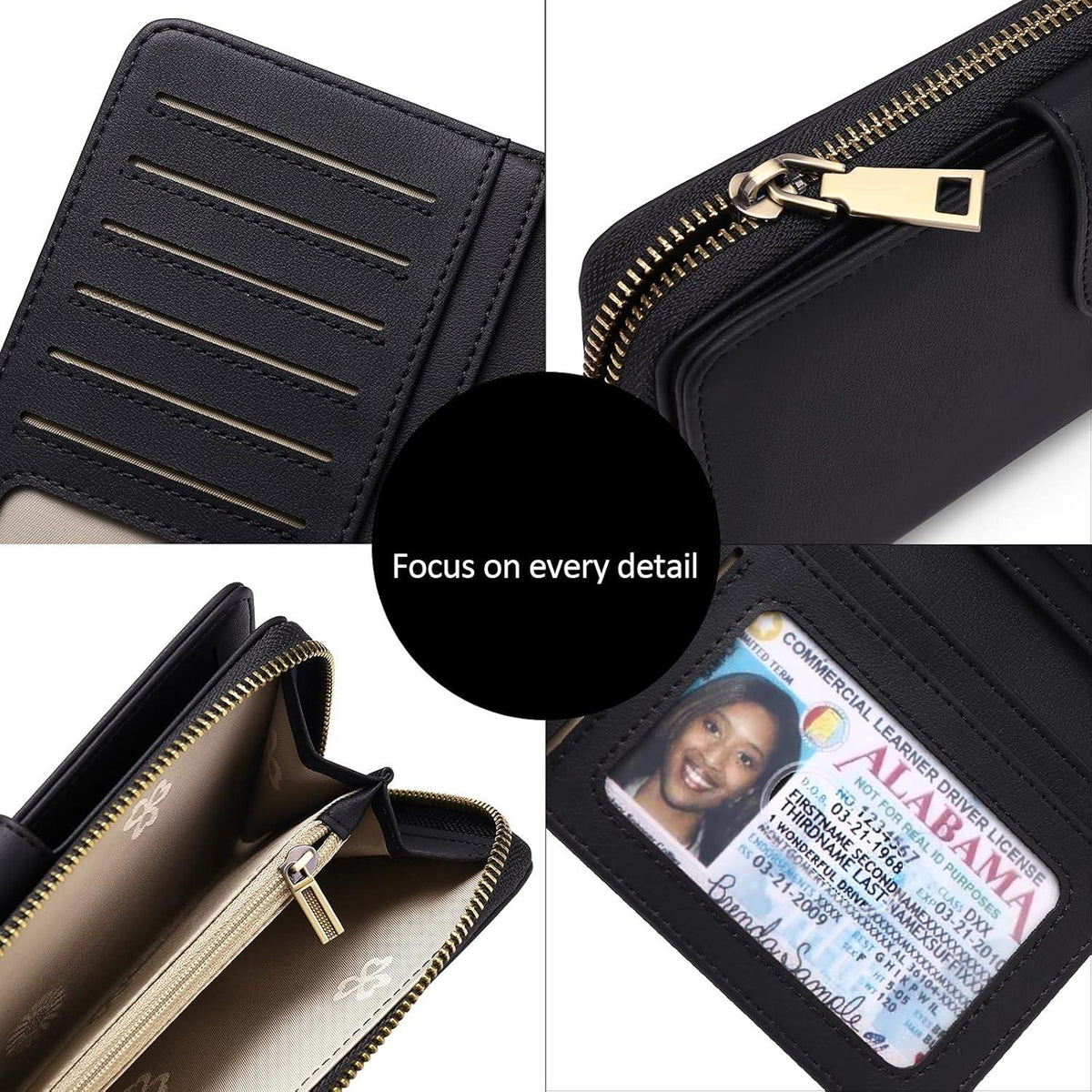 Damen Geldbörse Groß RFID Schutz 14 Kartenfächer Leder Schwarz