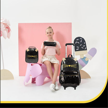 Mädchen Rollrucksack mit Rädern & Zubehör – Pailletten Katze 6-8 Jahre