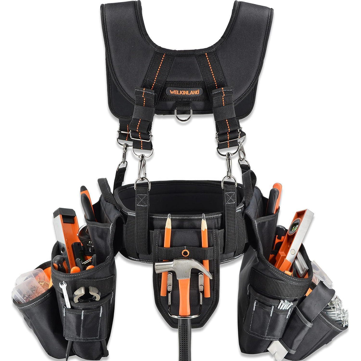 Herren Werkzeuggürtel mit Hosenträgern, 39 Taschen, gepolstert, Schwarz/Orange