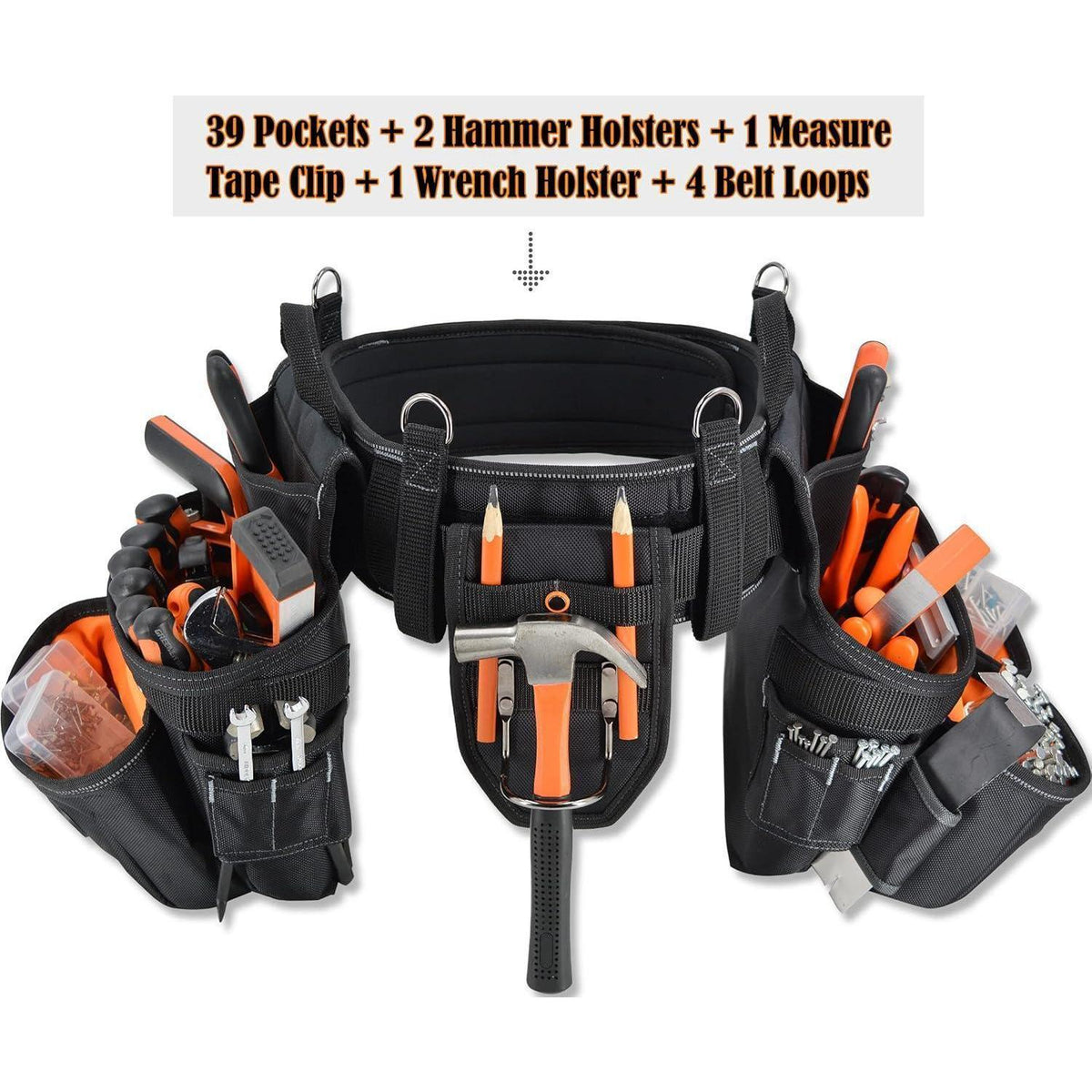 Herren Werkzeuggürtel mit Hosenträgern, 39 Taschen, gepolstert, Schwarz/Orange