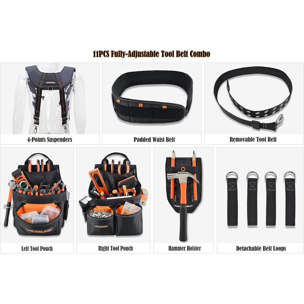 Herren Werkzeuggürtel mit Hosenträgern, 39 Taschen, gepolstert, Schwarz/Orange