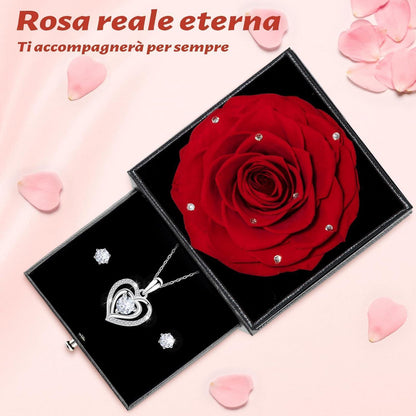 Konservierte Rose mit Herz-Halskette & Ohrringen, Rot