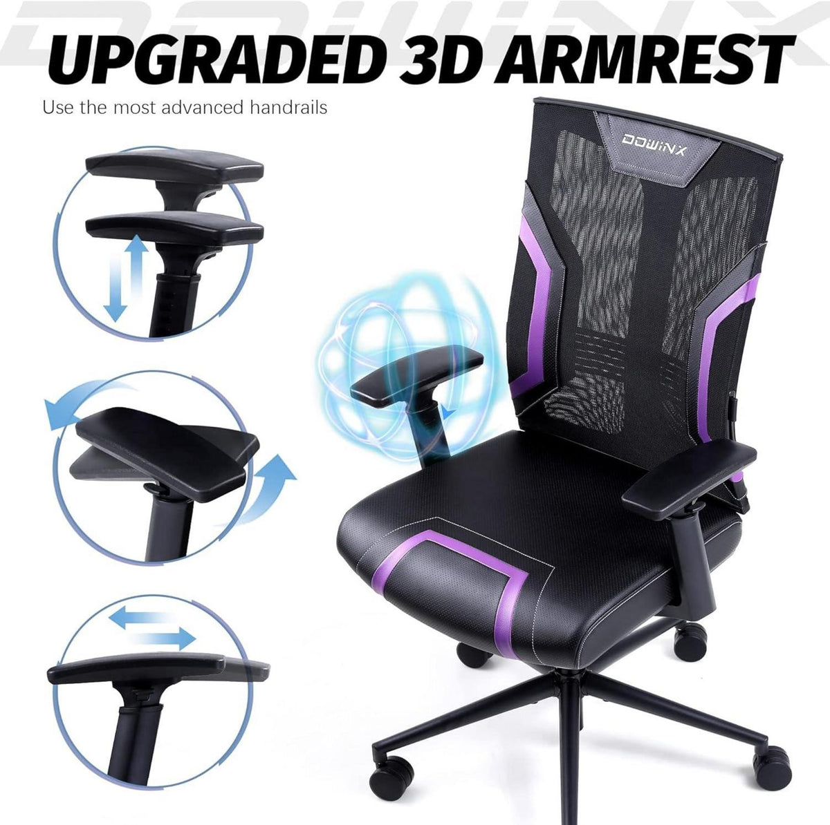 Ergonomischer Gaming Stuhl mit Wippfunktion und 3D Armlehnen in Schwarz-Lila