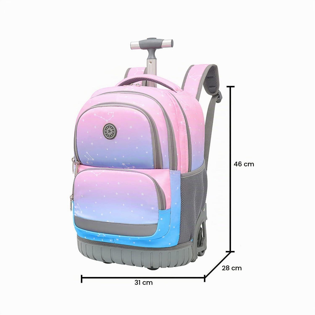 Schultrolley Rucksack mit Rollen – Sternenblau/Rosa für Kinder