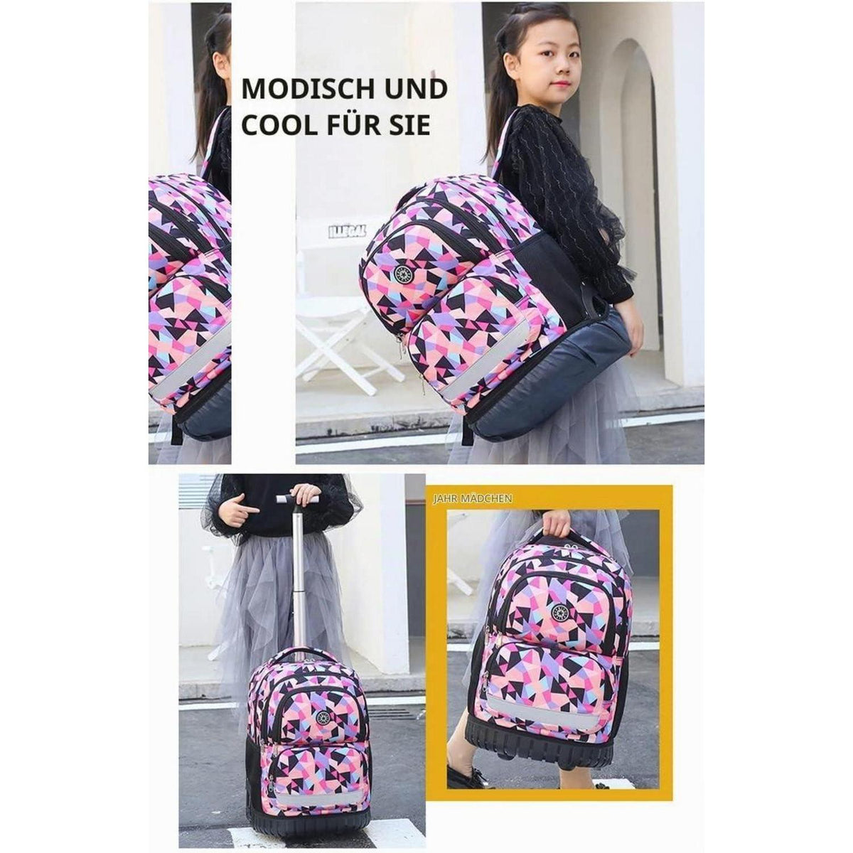 Schultrolley Rucksack mit Rollen – Sternenblau/Rosa für Kinder
