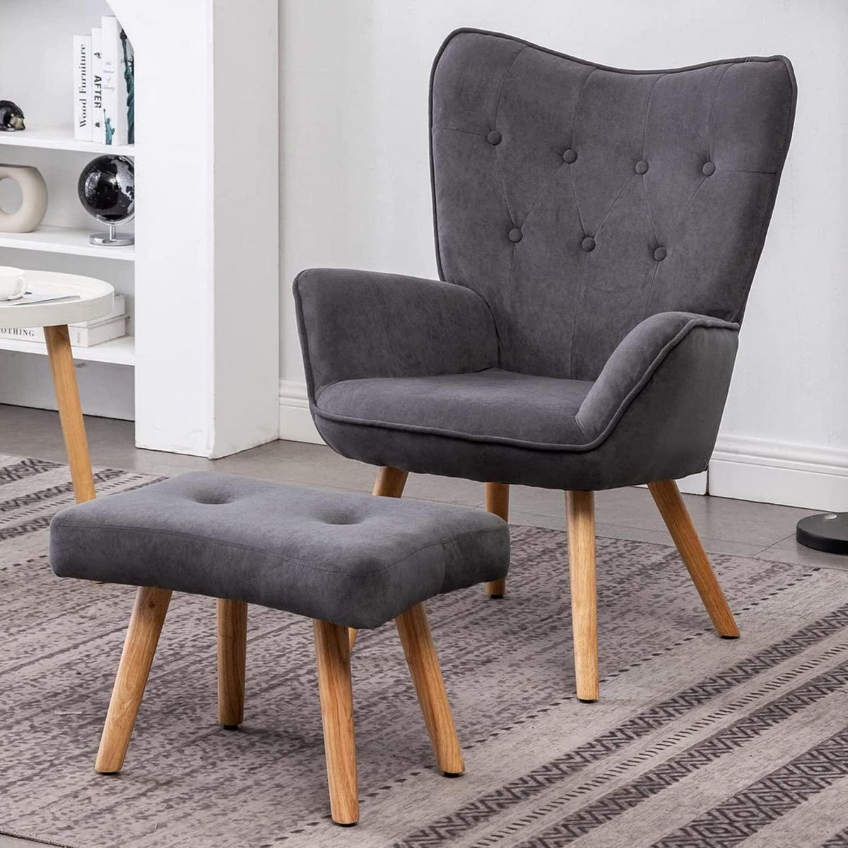 Ohrensessel mit Hocker – Dunkelgrauer Samt Relaxsessel