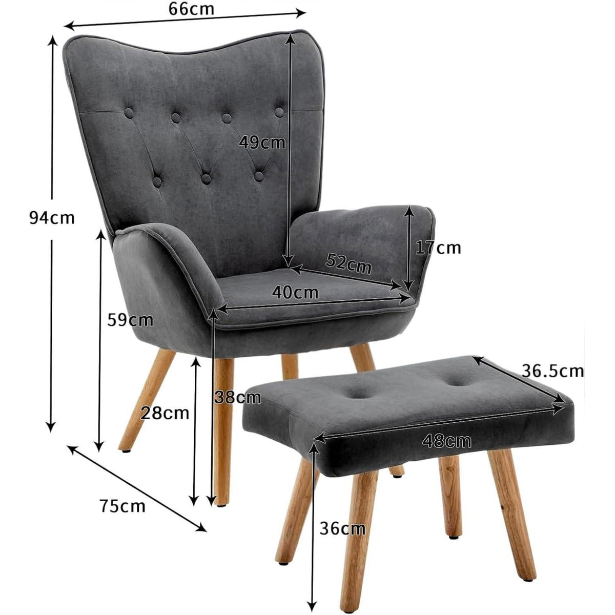 Ohrensessel mit Hocker – Dunkelgrauer Samt Relaxsessel