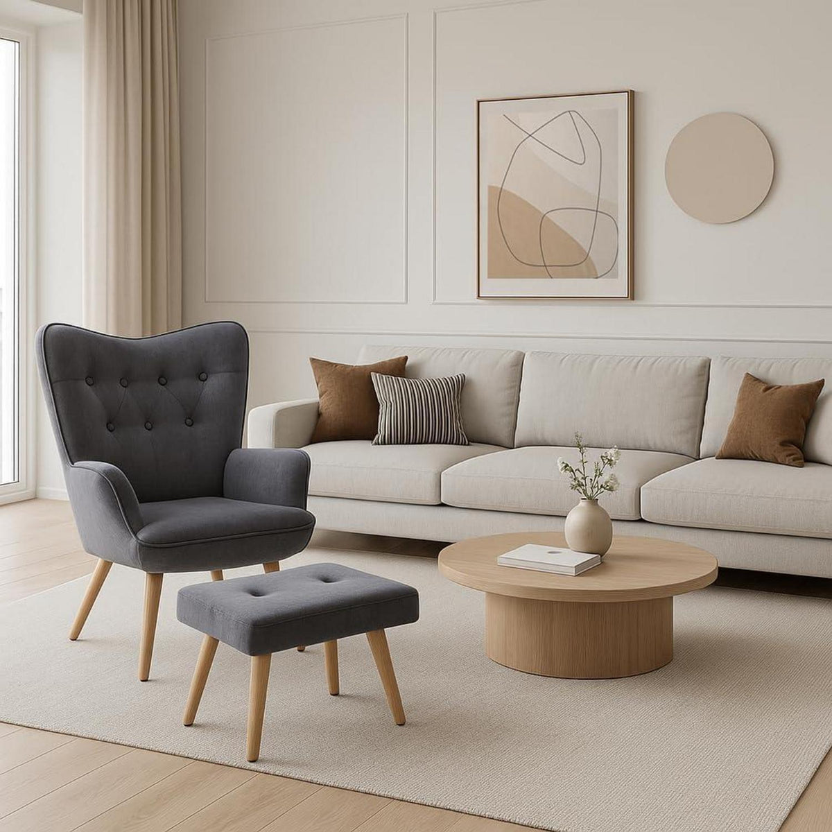 Ohrensessel mit Hocker – Dunkelgrauer Samt Relaxsessel