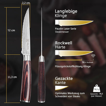 PAUDIN 8-teiliges Steakmesser Set Edelstahl mit Holzgriff