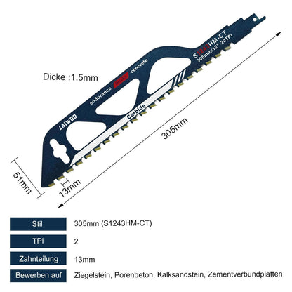 2x Säbelsägeblätter Hartmetall für Porenbeton & Stein 305mm