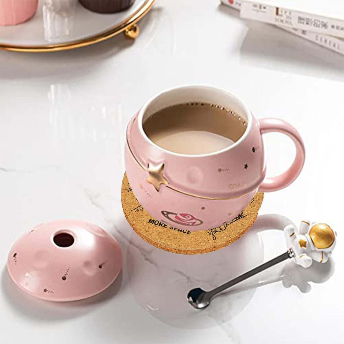 Kawaii Astronaut Tasse Planet Keramik Deckel Löffel süß Neuheit Becher Blau