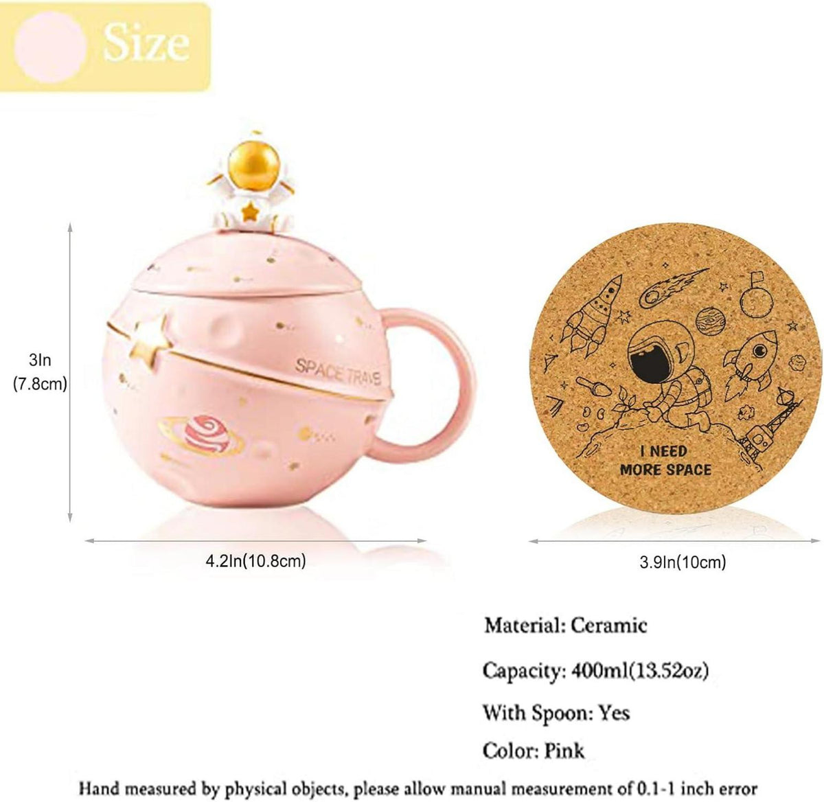 Kawaii Astronaut Tasse mit Weltraum Prägung und Deckel Rosa
