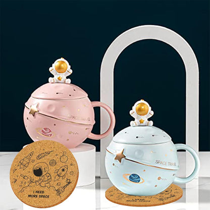 Kawaii Astronaut Tasse Planet Keramik Deckel Löffel süß Neuheit Becher Blau