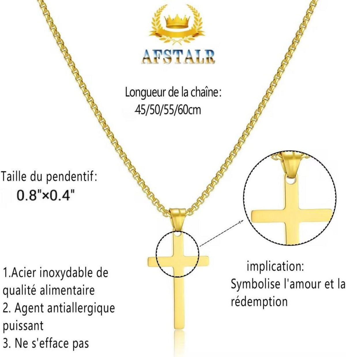 AFSTALR Herren Kreuzkette Edelstahl Anhänger Gold Silber 45-60 cm