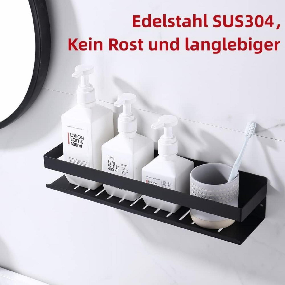 Duschablage Ohne Bohren Mattschwarz 40CM – Ablauflösung & Ordnung