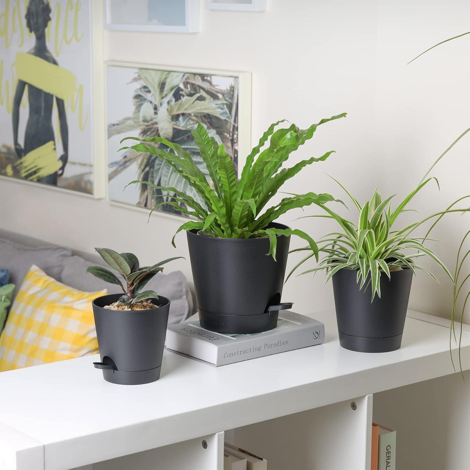 T4U 20cm Kunststoff Blumentopf mit Bewässerungssystem, 6er-Set Schwarz
