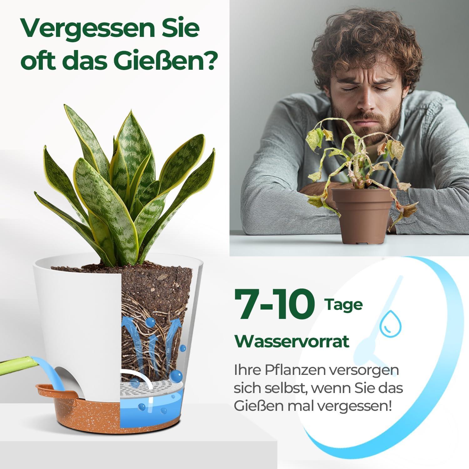 T4U 20cm Selbstbewässerndes Kunststoff Blumentopf 3er-Set