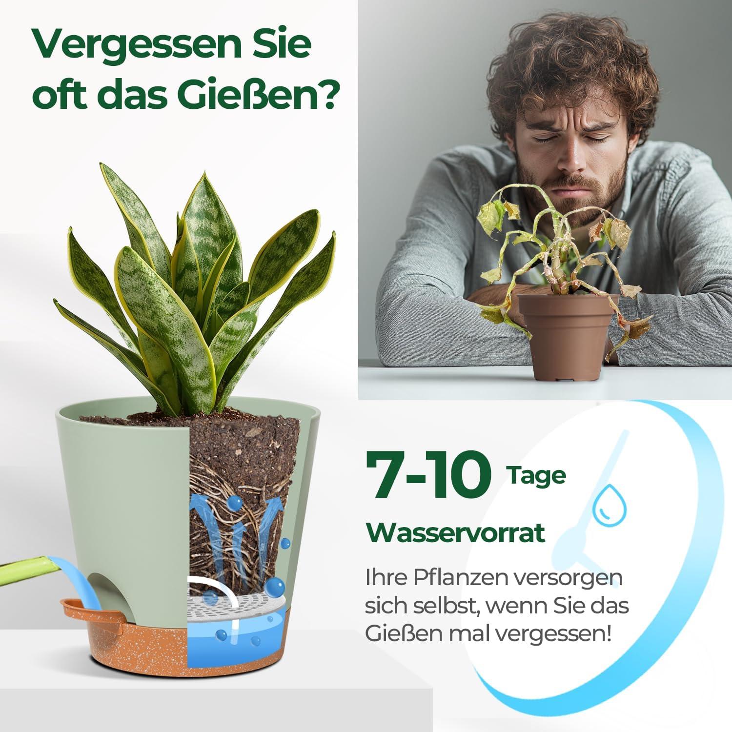 T4U Blumentopf 20cm Kunststoff Selbstbewässerung 3er-Set Grün