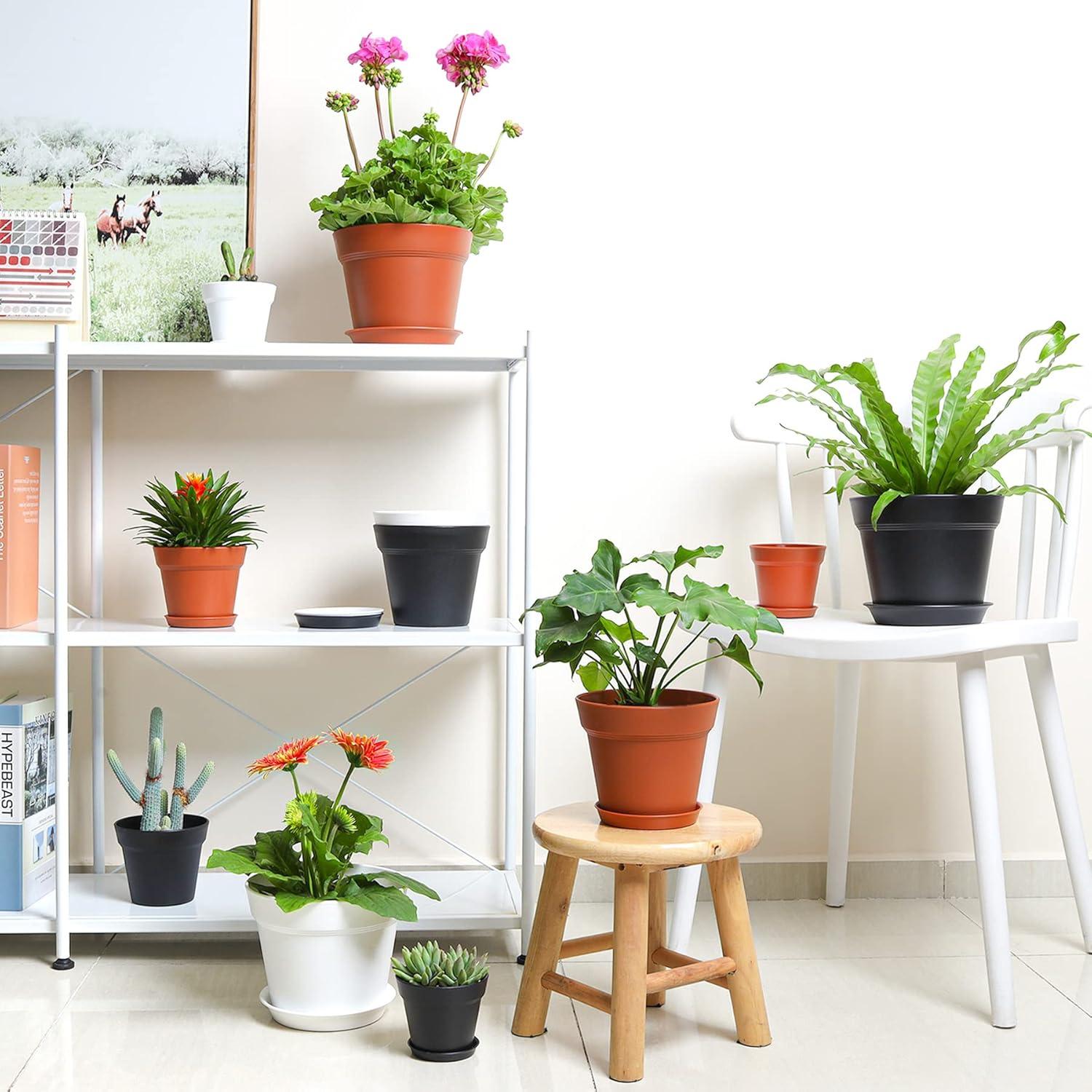 T4U 19cm Kunststoff Blumentopf 6er-Set mit Untersetzer Schwarz