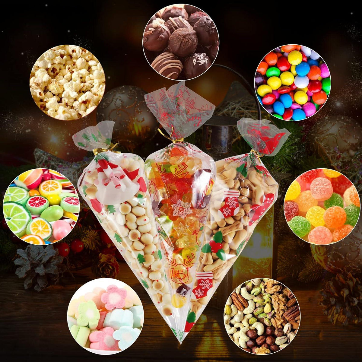 100x Weihnachten Spitztüten 16x30cm Transparent Twistbinder Süßigkeiten Tüten