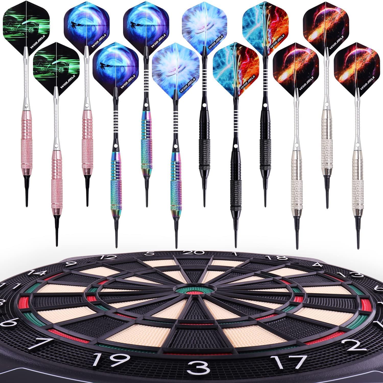 WIN.MAX 12er Set Soft Dartpfeile 18g Kunststoffspitze Regenbogen/Schwarz/Rosa