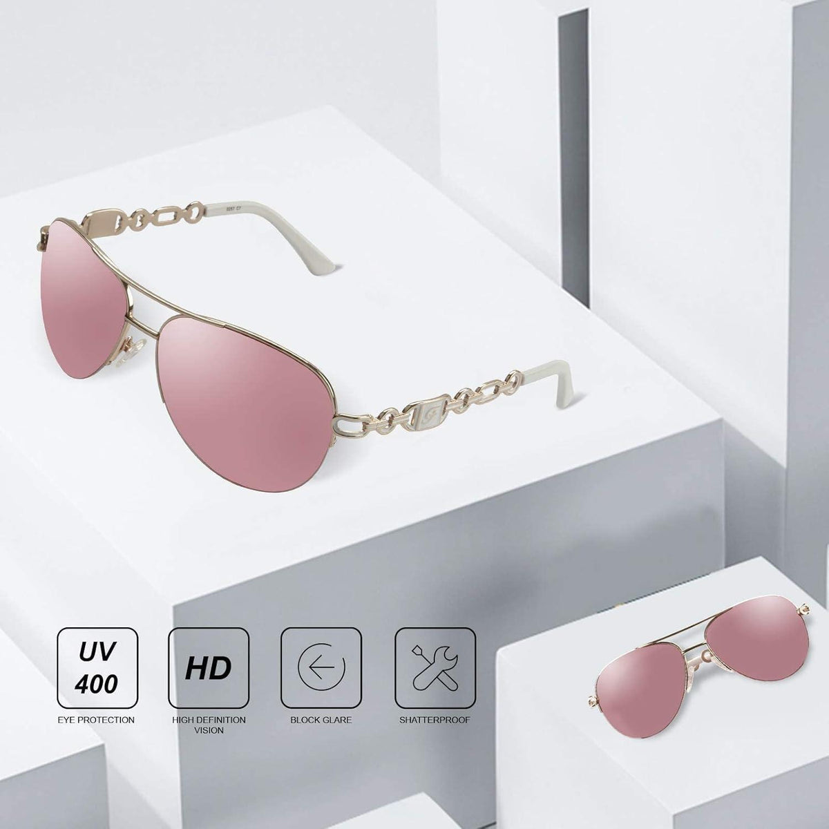 Verspiegelte Piloten Sonnenbrille Damen UV400 Gold Pink