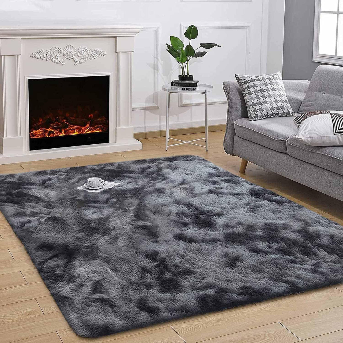 Flauschiger Teppich Rund Modern Hochflor Rutschfest Grau Schwarz 200x300cm