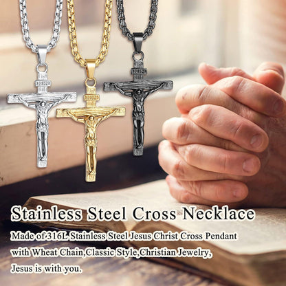 Herren Kreuz Halskette Edelstahl Jesus Kruzifix Anhänger 61cm Schwarz Gold