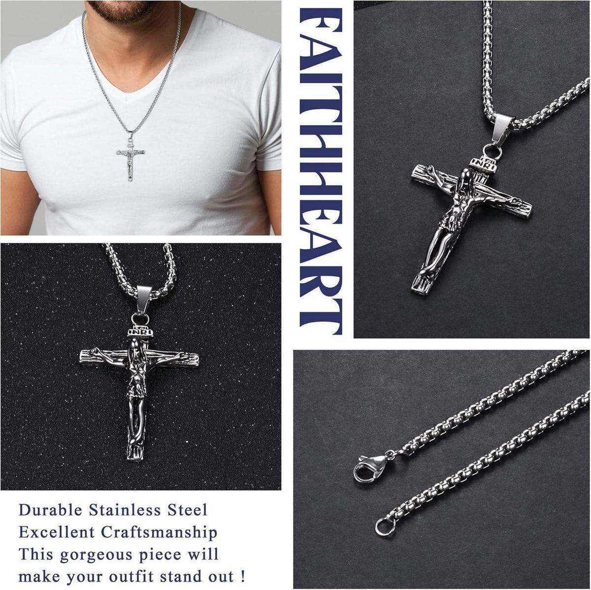 Kreuz Halskette Herren Edelstahl Jesus Anhänger 61 cm Silber/Gold/Schwarz