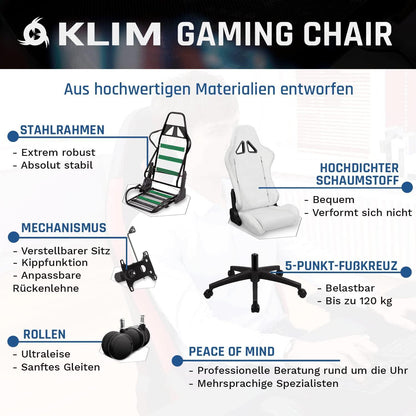 KLIM Gaming Chair 2024 - Ergonomischer Computerstuhl, Rädern, verstellbaren Armlehnen, PU-Leder, Schwarz