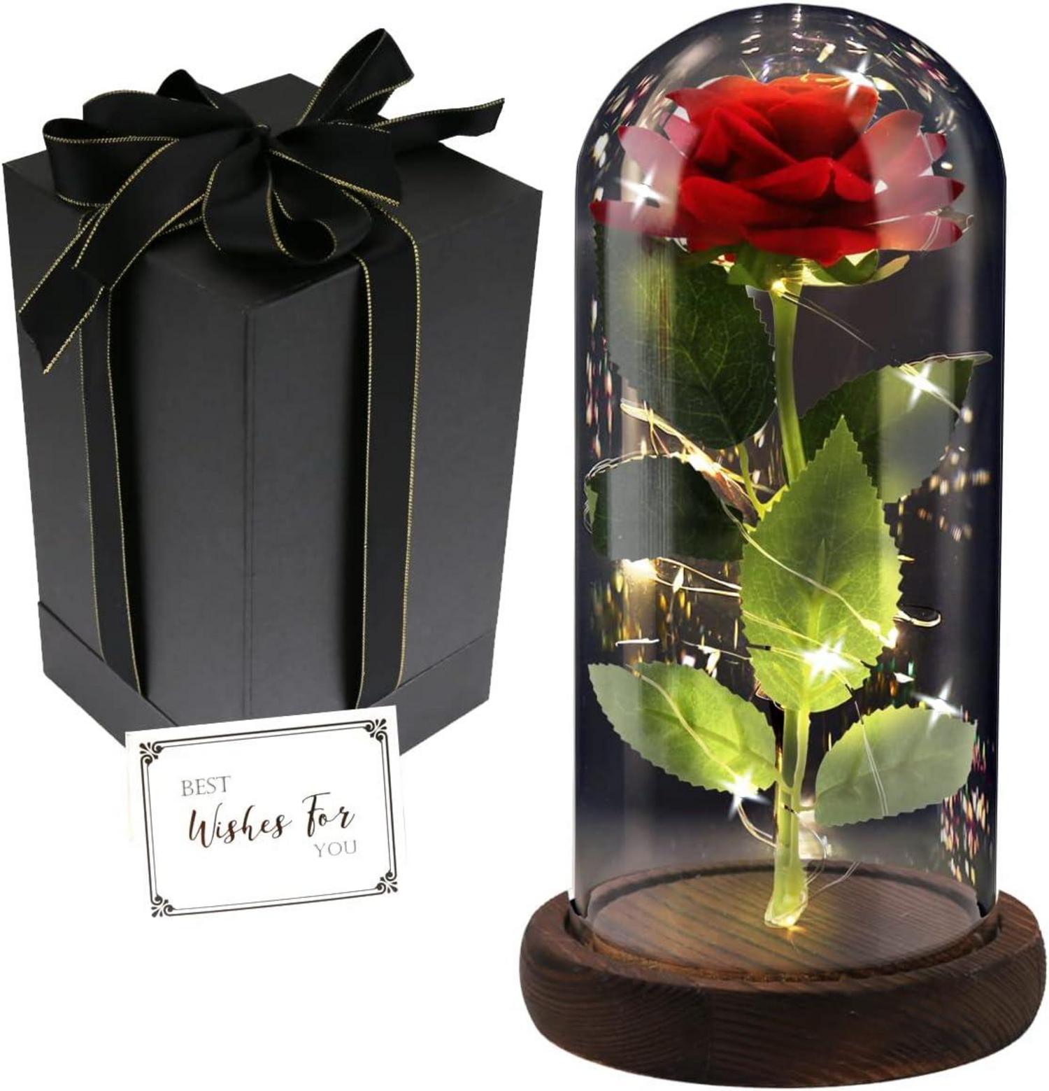 Ewige Rose in Glaskuppel mit LED Licht auf Holzsockel
