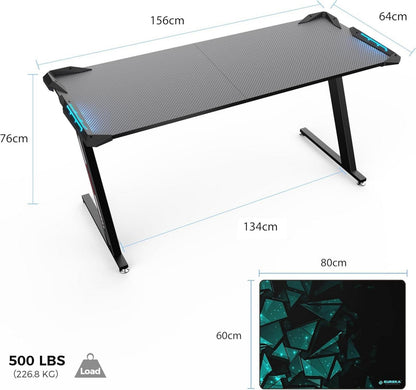 Gaming Schreibtisch mit LED-Beleuchtung und Kohlefaser-Desktop
