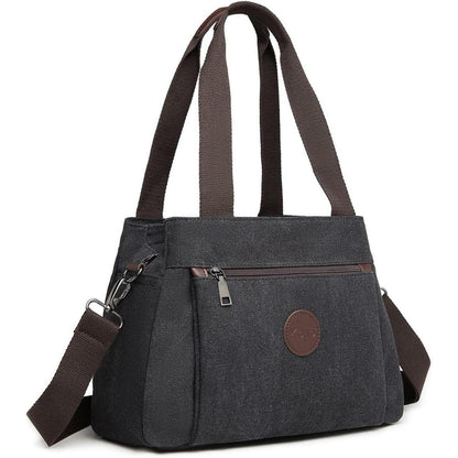 Canvas Handtasche Damen Schultertasche Schwarz mit vielen Taschen