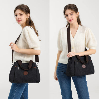 Canvas Handtasche Damen Schultertasche Schwarz mit vielen Taschen