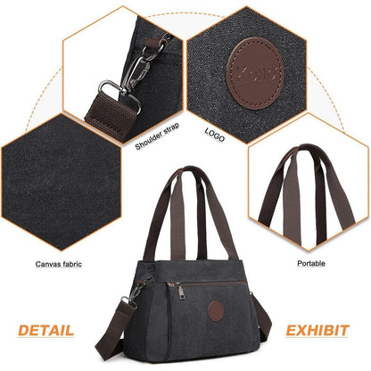 Canvas Handtasche Damen Schultertasche Schwarz mit vielen Taschen