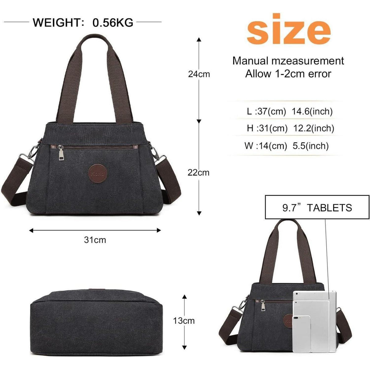 Canvas Handtasche Damen Schultertasche Schwarz mit vielen Taschen