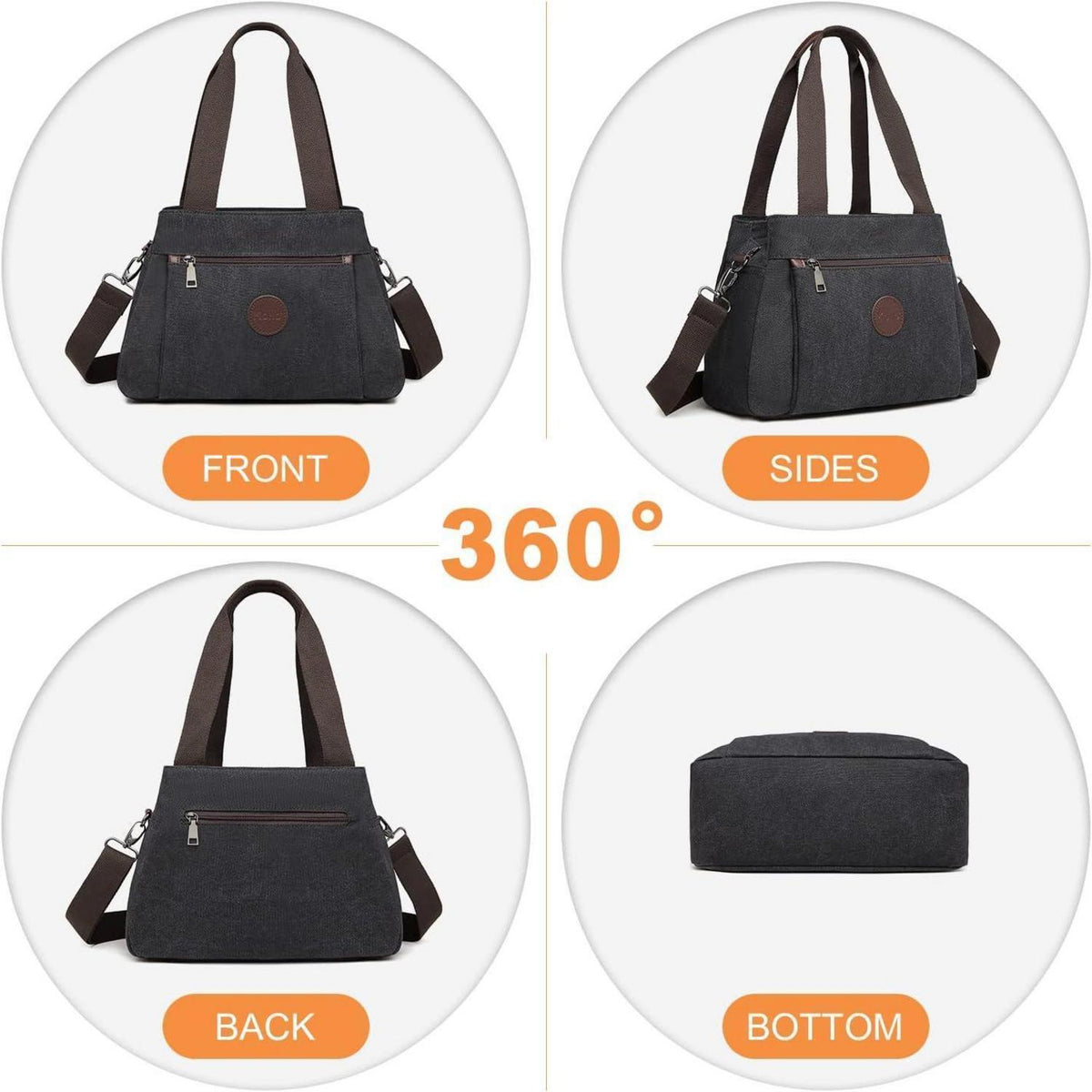 Canvas Handtasche Damen Schultertasche Schwarz mit vielen Taschen