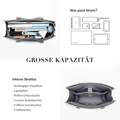 Handtasche Laptoptasche 15,6 Zoll Damen Schultertasche Grau