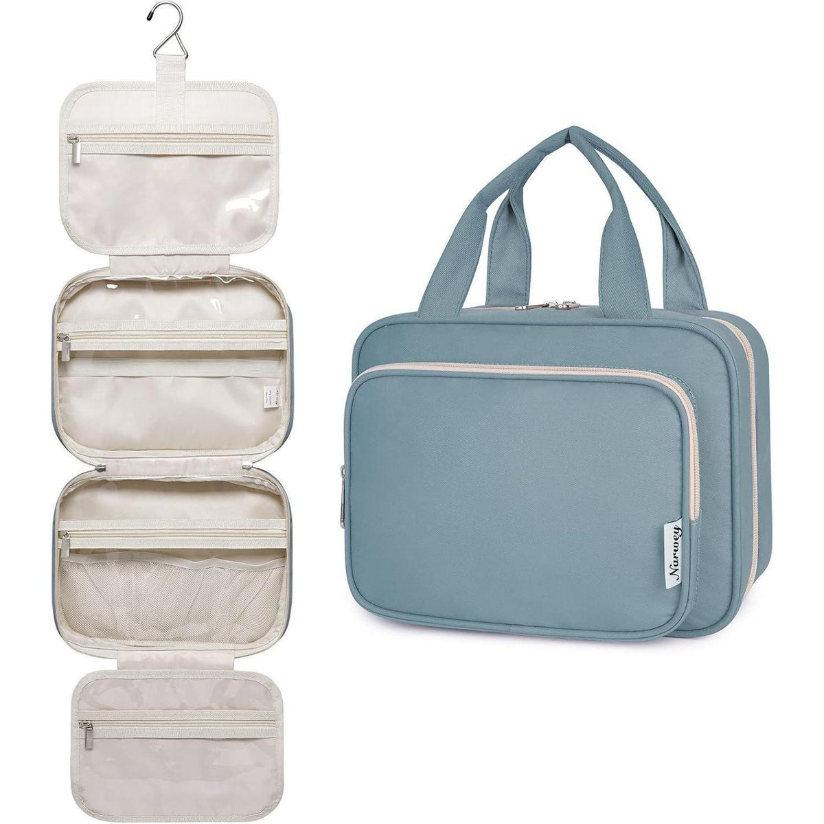 Kulturtasche zum Aufhängen, groß, mit vielen Fächern, Graublau