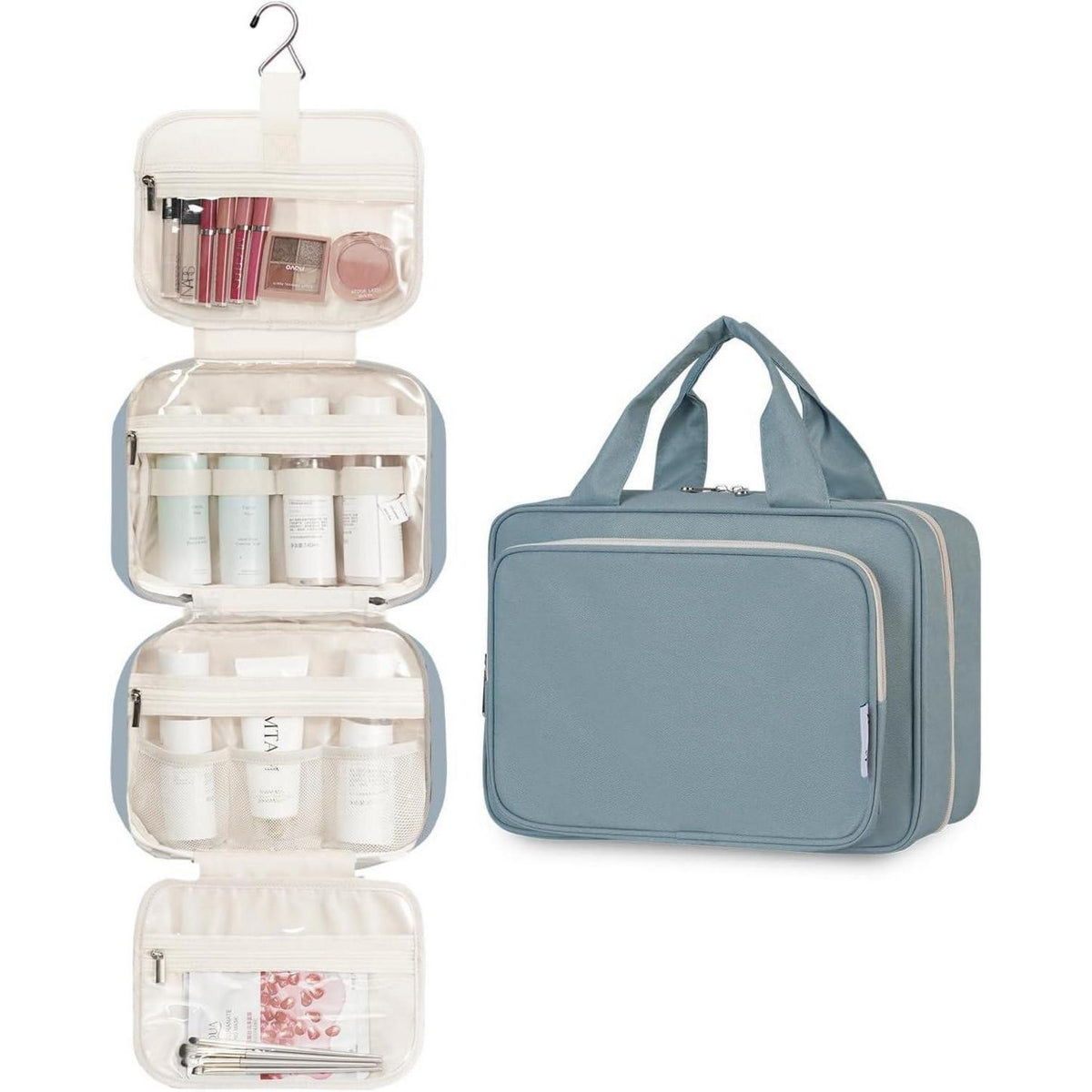 Kulturtasche zum Aufhängen, groß, mit vielen Fächern, Graublau
