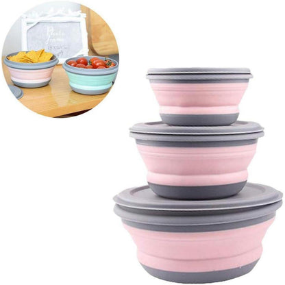 Faltbare Silikonschüssel mit Deckel, 3er Set, Pink