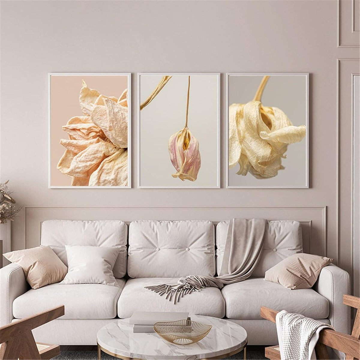 3er Poster Set Beige Blumen Wandbilder 40x50 cm
