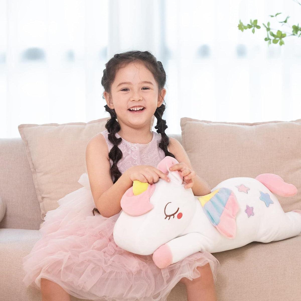 Plüsch Einhorn Kissen Groß 66 cm für Mädchen - Geburtstagsgeschenk & Deko - Maschinenwaschbar & hautfreundlich