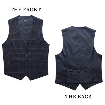 Herren Anzugweste Karo Tweed V-Ausschnitt Verstellbar Marineblau XL